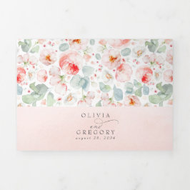 ソフトライトピンクの水の色の花エレガントな結婚式 三つ折り招待状