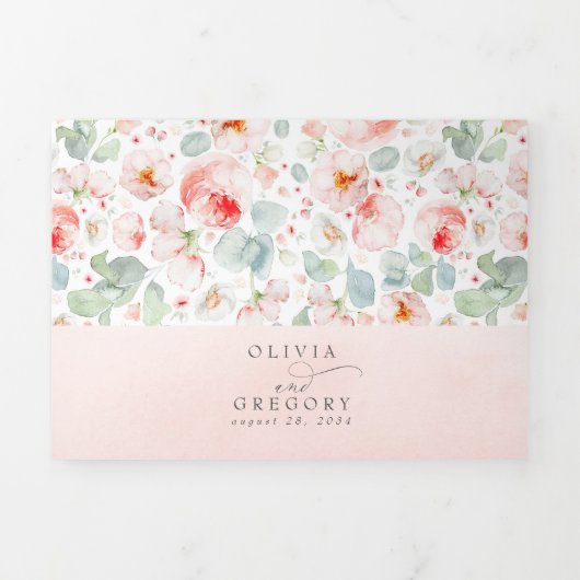 ソフトライトピンクの水の色の花エレガントな結婚式 三つ折り招待状 (カバー)