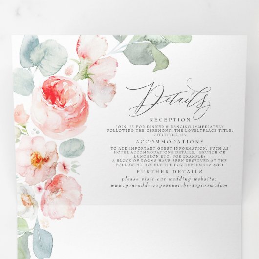 ソフトライトピンクの水の色の花エレガントな結婚式 三つ折り招待状 (内部最初)