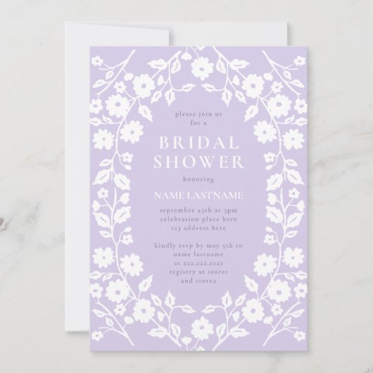 ソフトラベンダーホワイトフォークフローラブライダルシャワー 招待状 (正面)