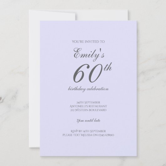 ソフトラベンダーミニマリスト60誕生日招待状 招待状 (正面)