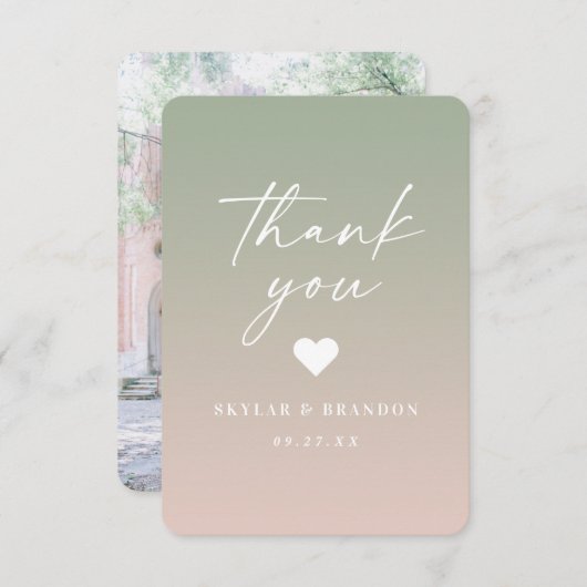 ソフトリーフグラデーショングリーン&パウダーピンク結婚ズ サンキューカード (正面/裏面)