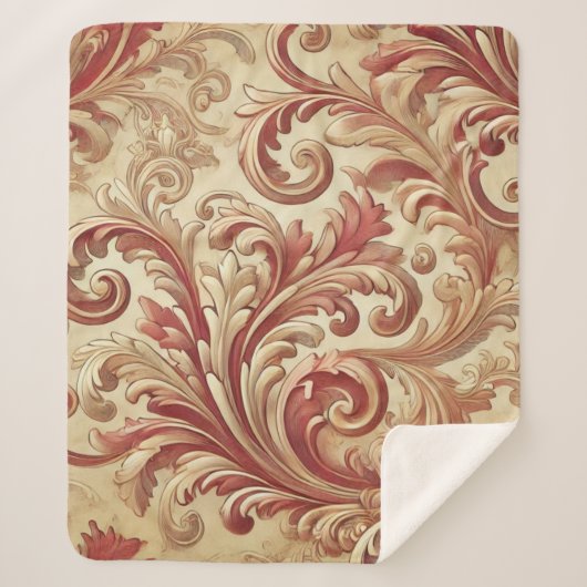 ソフトレッドおよび金ゴールドダマスクパターン シェルパブランケット (正面)