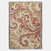 ソフトレッドおよび金ゴールドダマスクパターン スローブランケット (正面縦)