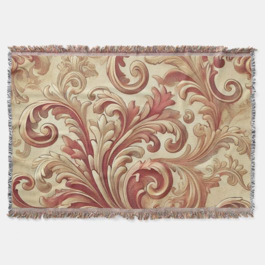 ソフトレッドおよび金ゴールドダマスクパターン スローブランケット (正面)