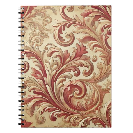 ソフトレッドおよび金ゴールドダマスクパターン ノートブック (正面)