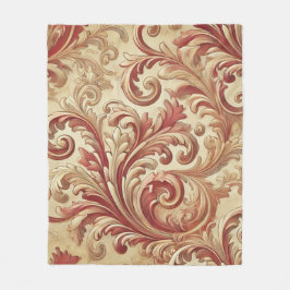 ソフトレッドおよび金ゴールドダマスクパターン フリースブランケット