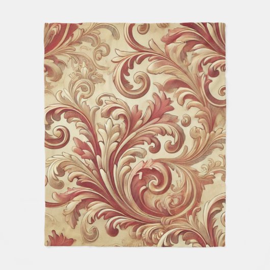 ソフトレッドおよび金ゴールドダマスクパターン フリースブランケット (正面)