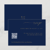 ソフトロマンチックなネイビー結婚ブルー金ゴールドのQRコード 出欠カード (正面/裏面)