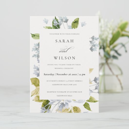 ソフトロマンチックな赤ちゃんブルーの水色のフローラ結婚 招待状 (スタンド正面)