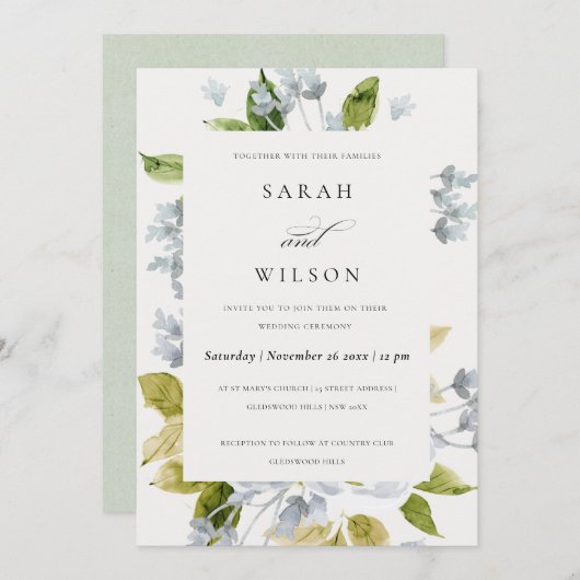 ソフトロマンチックな赤ちゃんブルーの水色のフローラ結婚 招待状 (正面/裏面)