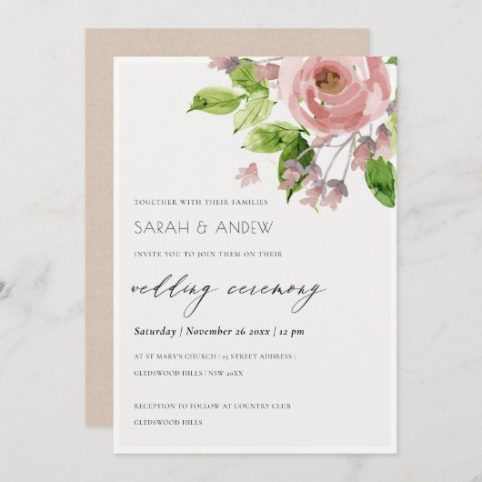 ソフトロマンチック赤面ピンク水彩フローラ結婚ズ 招待状 (正面/裏面)