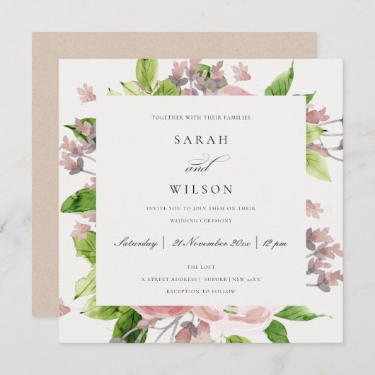 ソフトロマンチック赤面ピンク水彩フローラ結婚ズ 招待状 (正面/裏面)