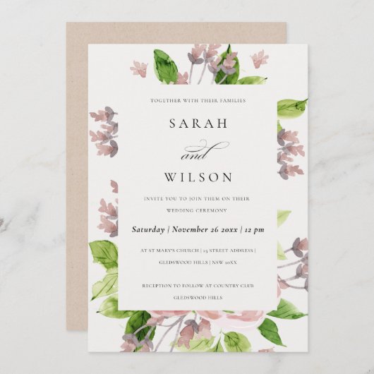 ソフトロマンチック赤面ピンク水彩フローラ結婚ズ 招待状 (正面/裏面)