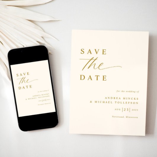 ソフトロマンティッククリームとゴールドの結婚式 セーブザデート