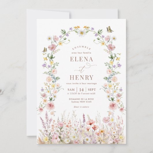 ソフトワイルドフラワー秘密庭園の結婚式インフランスの 招待状 (正面)