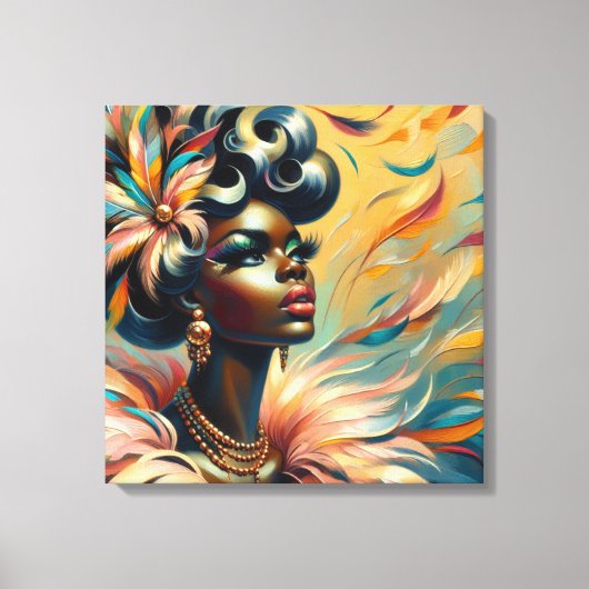 ソフトヴィンテージピンアップアフリカ女性羽毛1960s キャンバスプリント (正面)