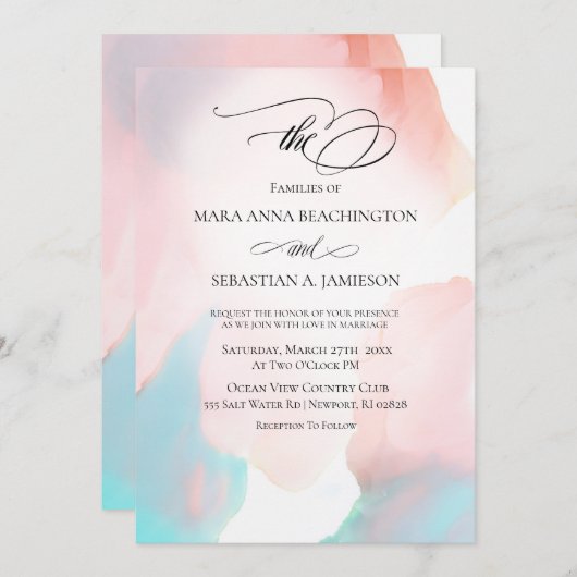 *~*ソフト抽象芸術ウォーターカラーアクアコーラル結婚ズ 招待状 (正面/裏面)