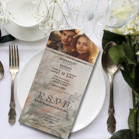 ソフト抽象芸術ボタニカルグレーグリーンミニマリスト オールインワン招待状