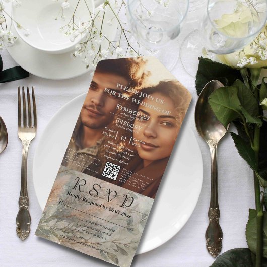 ソフト抽象芸術植物灰色グリーンフォトQRコード オールインワン招待状