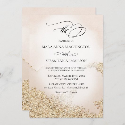 *～*ソフト抽象芸術水色金ゴールド結婚赤面 招待状 (正面/裏面)