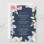 ソフト春フローラフォトネイビーブルーブライダルシャワー 招待状 (正面)