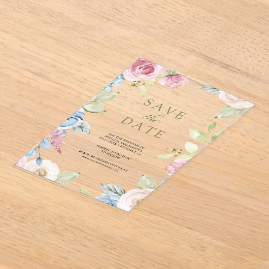 ソフト春フローラ結婚式の日付を保存 アクリル招待状 (レイダウン)