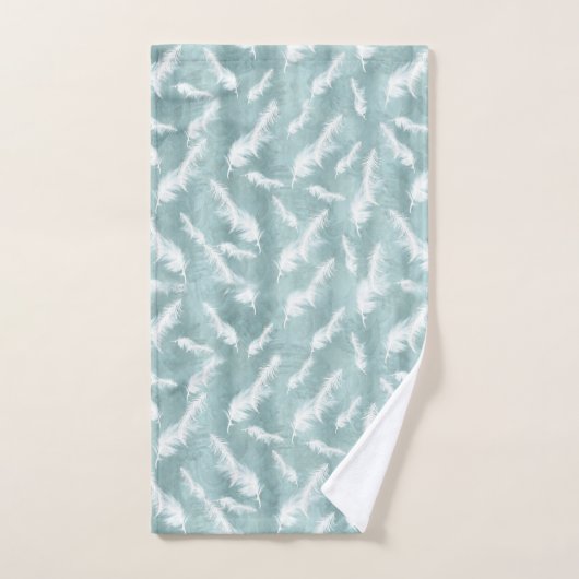 ソフト淡い色のパステルの色合いのセージ緑と羽 バスタオルセット (ハンドタオル)