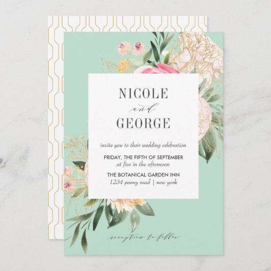 ソフト牡丹金ゴールド幾何アクアウォーター結婚カラー 招待状 (正面/裏面)