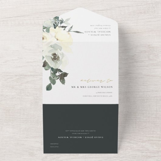 ソフト白黒フローラ水カラーバンチ結婚ーズ オールインワン招待状 (外側)