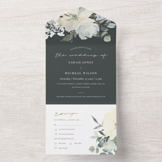 ソフト白黒フローラ水カラーバンチ結婚ーズ オールインワン招待状 (内側)