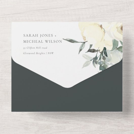 ソフト白黒フローラ水カラーバンチ結婚ーズ オールインワン招待状 (裏面)