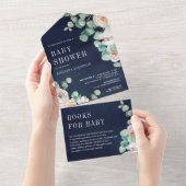 ソフト素朴バラユーカリプトゥスネイビーブルーベビーシャワー オールインワン招待状 (貼ってはがせる)