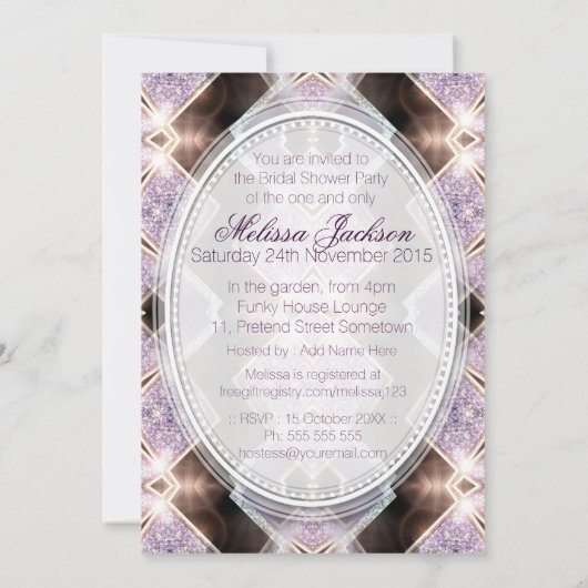 ソフト薄紫グリッタープリンセスブライダルシャワー 招待状 (裏面)