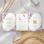 ソフト薄紫パープルフローラ金ゴールド結婚すべて 三つ折り招待状