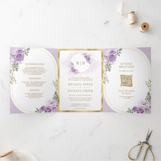 ソフト薄紫パープルフローラ金ゴールド結婚すべて 三つ折り招待状 (内部)