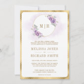 ソフト薄紫パープルフローラ金ゴールド結婚すべて 招待状 (正面)