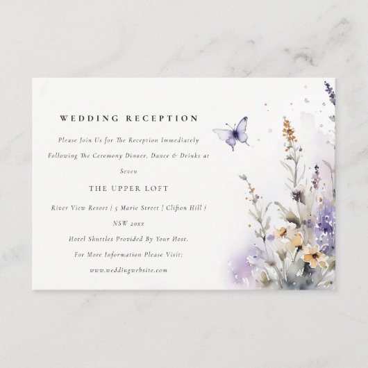 ソフト薄紫ワイルドフラワーバタフライウェディングレセプション エンクロージャーカード (正面)