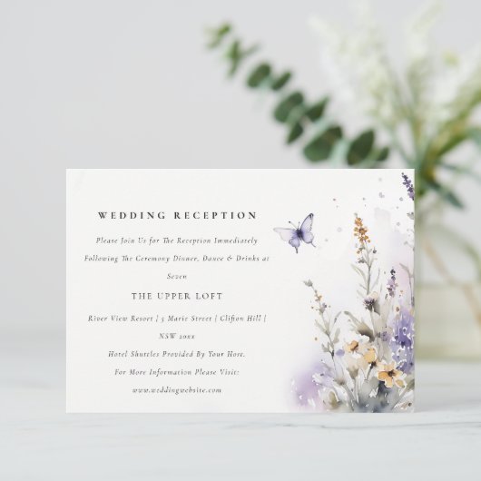 ソフト薄紫ワイルドフラワーバタフライウェディングレセプション エンクロージャーカード (スタンド正面)