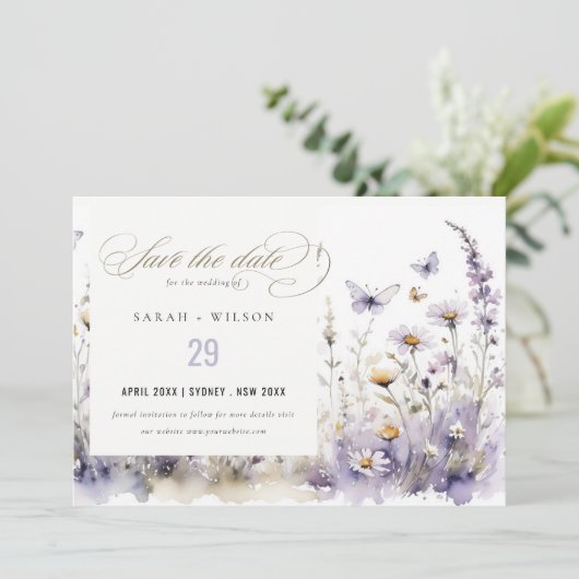 ソフト薄紫ワイルドフラワーバタフライ庭園の結婚式 セーブザデート (スタンド正面)