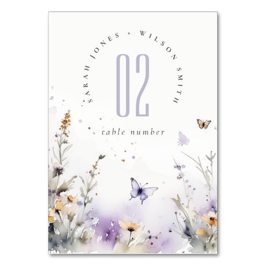 ソフト薄紫ワイルドフラワーバタフライ庭園の結婚式 テーブルナンバー (裏面)