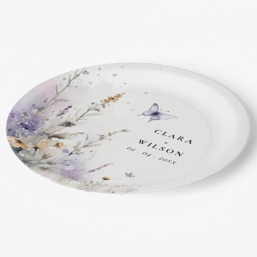 ソフト薄紫ワイルドフラワーバタフライ庭園の結婚式 ペーパープレート (アングル)