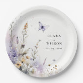 ソフト薄紫ワイルドフラワーバタフライ庭園の結婚式 ペーパープレート (正面)