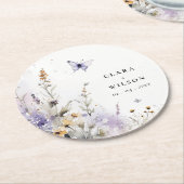 ソフト薄紫ワイルドフラワーバタフライ庭園の結婚式 ラウンドペーパーコースター (アングル)