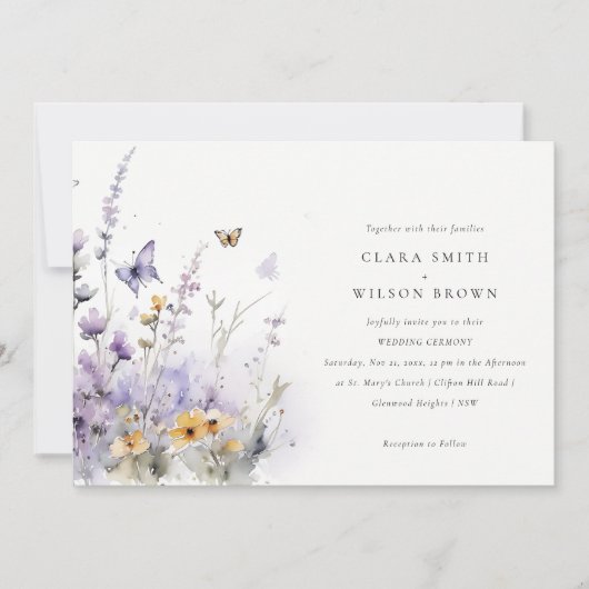 ソフト薄紫ワイルドフラワーバタフライ庭園の結婚式 招待状 (正面)