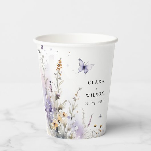 ソフト薄紫ワイルドフラワーバタフライ庭園の結婚式 紙コップ (裏面)