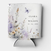 ソフト薄紫ワイルドフラワーバタフライ庭園の結婚式 缶クーラー (正面)