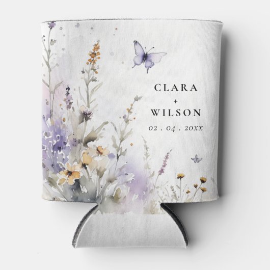 ソフト薄紫ワイルドフラワーバタフライ庭園の結婚式 缶クーラー (正面)