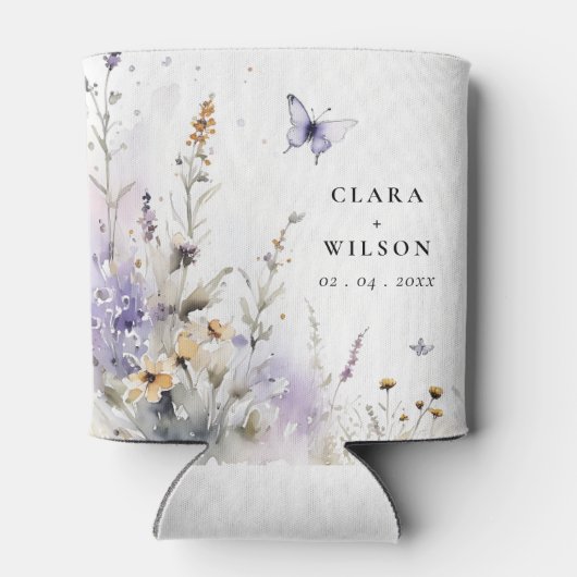 ソフト薄紫ワイルドフラワーバタフライ庭園の結婚式 缶クーラー (裏面)