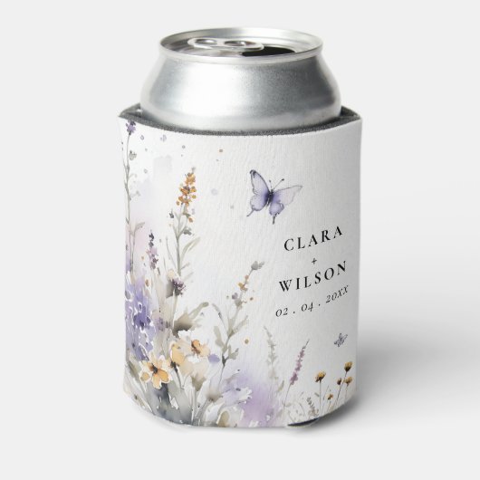 ソフト薄紫ワイルドフラワーバタフライ庭園の結婚式 缶クーラー (缶裏面)